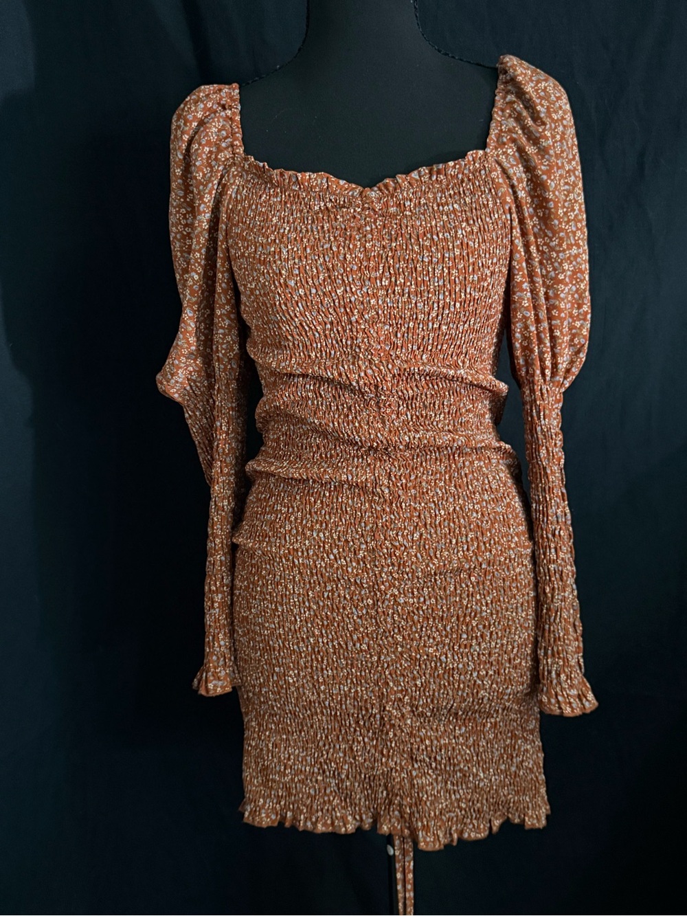 Blush Rust Floral Smocked Mini Dress with Puff Sleeves
